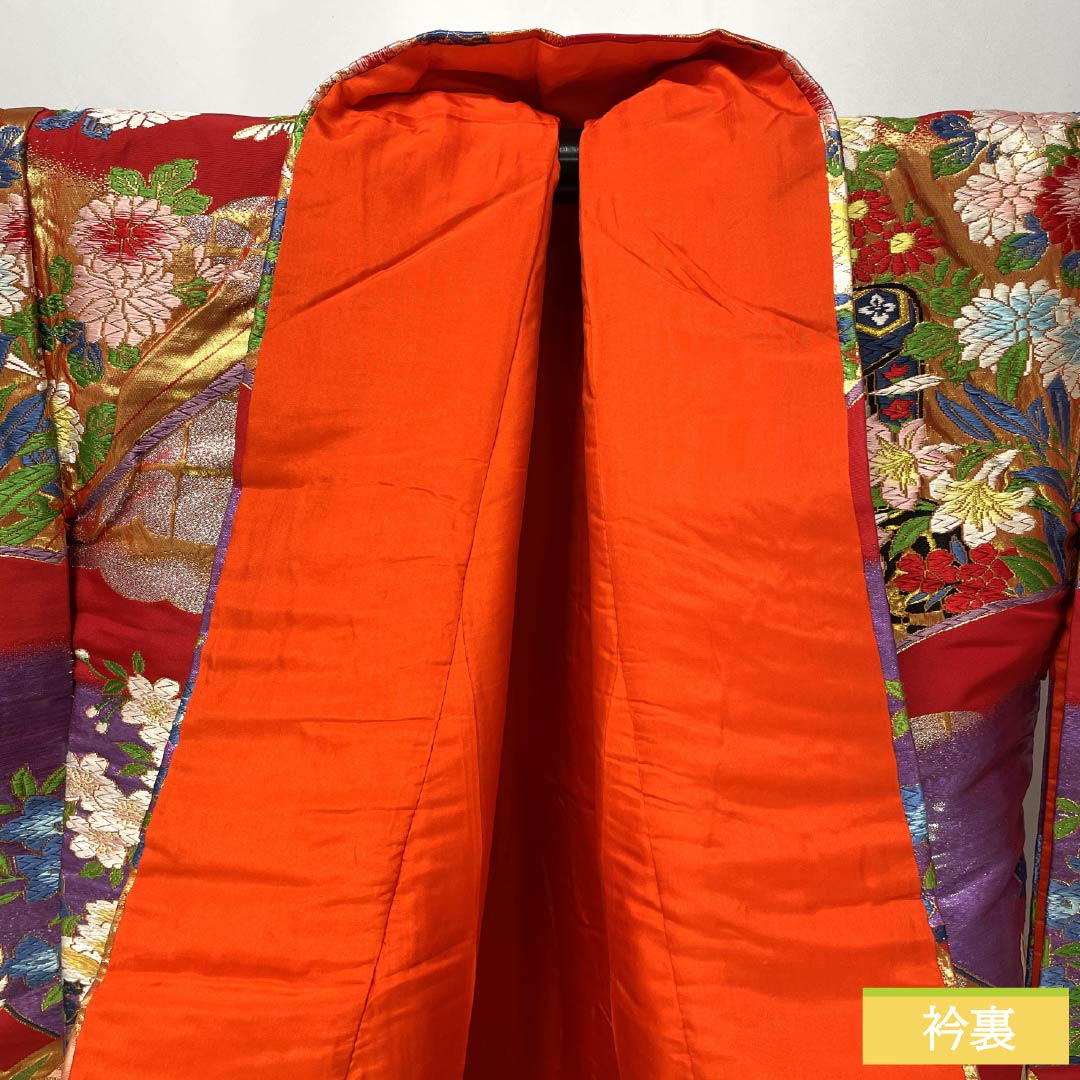 色打掛 正絹 Sランク 身丈191cm 裄丈64cm 赤色（あかいろ） 唐織 吉祥文様 鶴 花車 袷 赤系 1110001062912