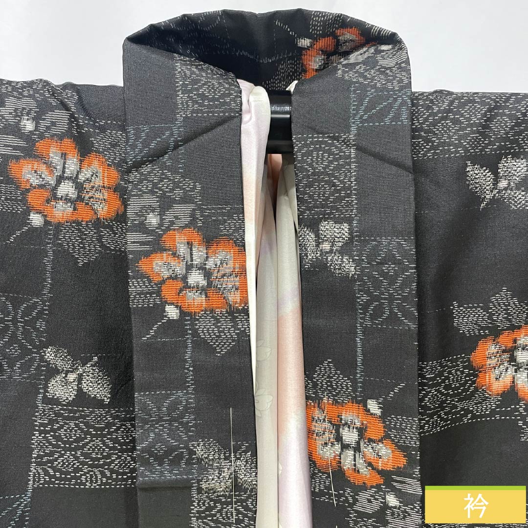 羽織 正絹 Sランク 身丈47cm 裄丈65cm 村山大島 麻の葉 七宝 花 袷 黒系 1117001362910