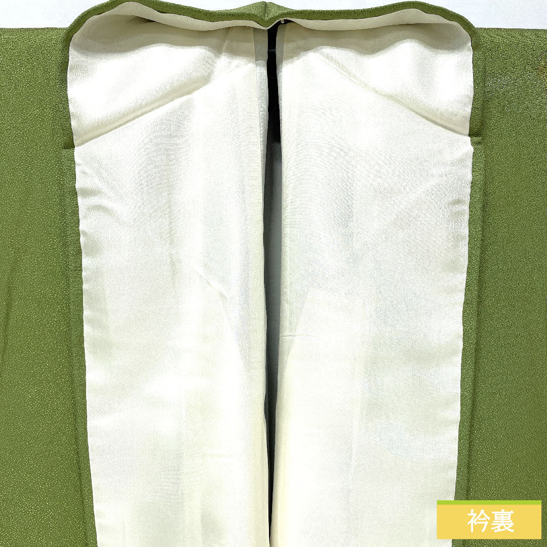 色無地 正絹 身丈164.5cm 裄丈65cm 緑衫色（ろくそういろ）縫い取り 一つ紋 揚羽蝶 袷 Sランク 緑系 1114002012419