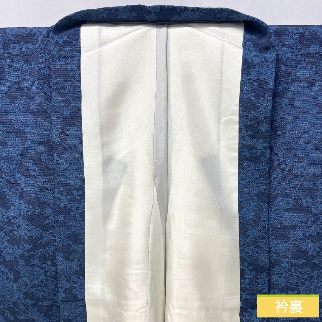 Homongi (formal kimono) made of pure silk, length 159cm, sleeve length 62cm, lined, dark navy blue, stencil-dyed, all-flower pattern, A rank, navy blue, 1115005403318