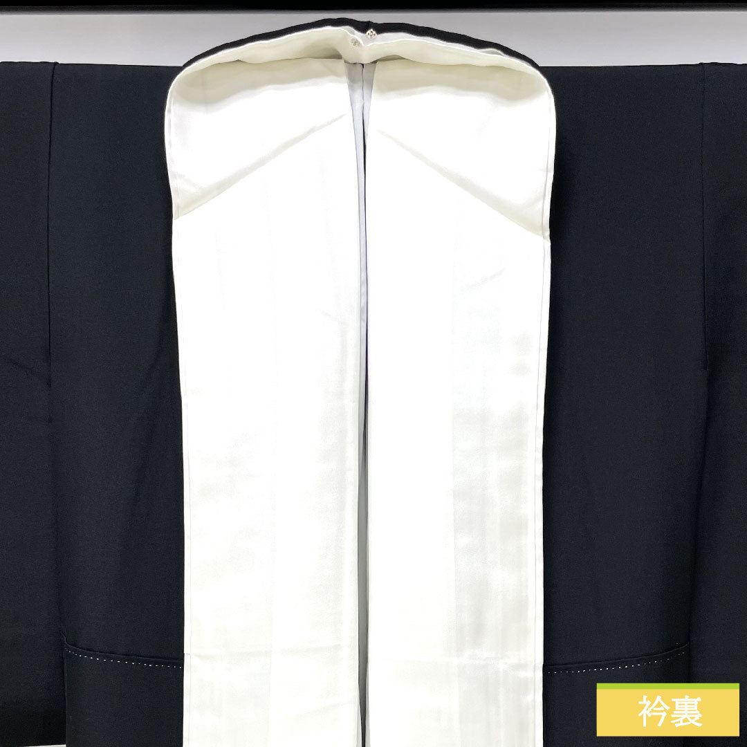 Black formal kimono, pure silk, length 156.5cm, sleeve length 63cm, lined, Kotobuki weave, historical figures and landscapes, new repelling processing, five crests, different hawk feathers, S rank, black, 1111001332310