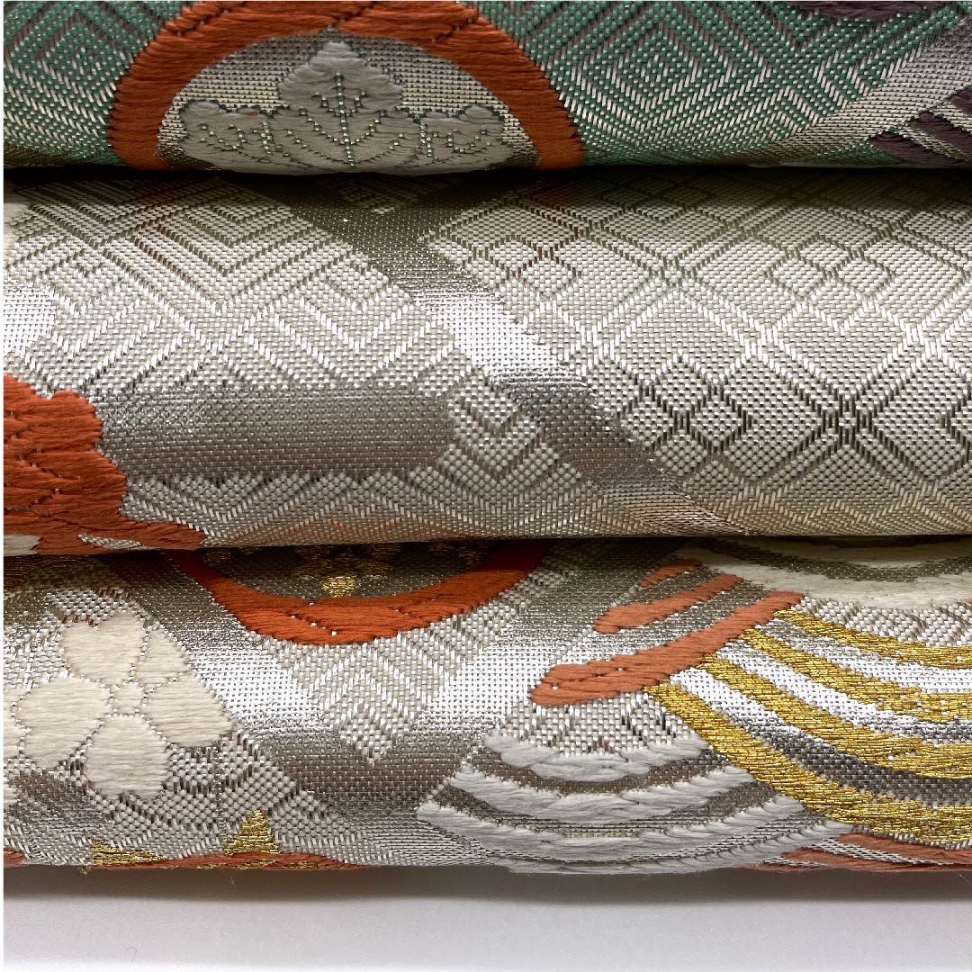 （未仕立）袋帯 銀色 扇面 青海波 花模様 帯丈439cm 正絹 Sランク 六通 フォーマル 銀系 1123005952322