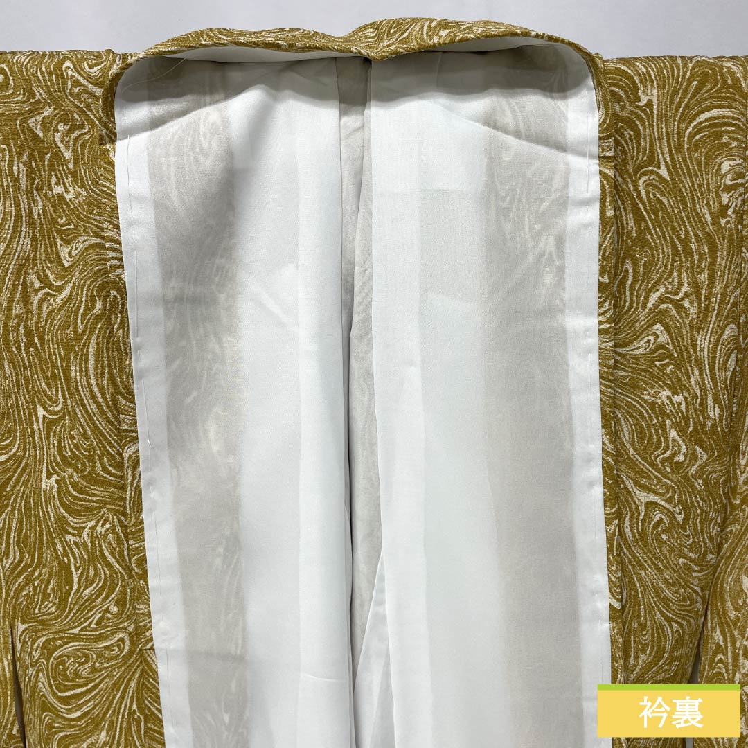 小紋 ポリエステル Sランク 身丈156cm 裄丈63cm 袷 枇杷茶色（びわちゃいろ） 墨流し染 しつけ糸付き 洗える着物  橙系 1115007502326