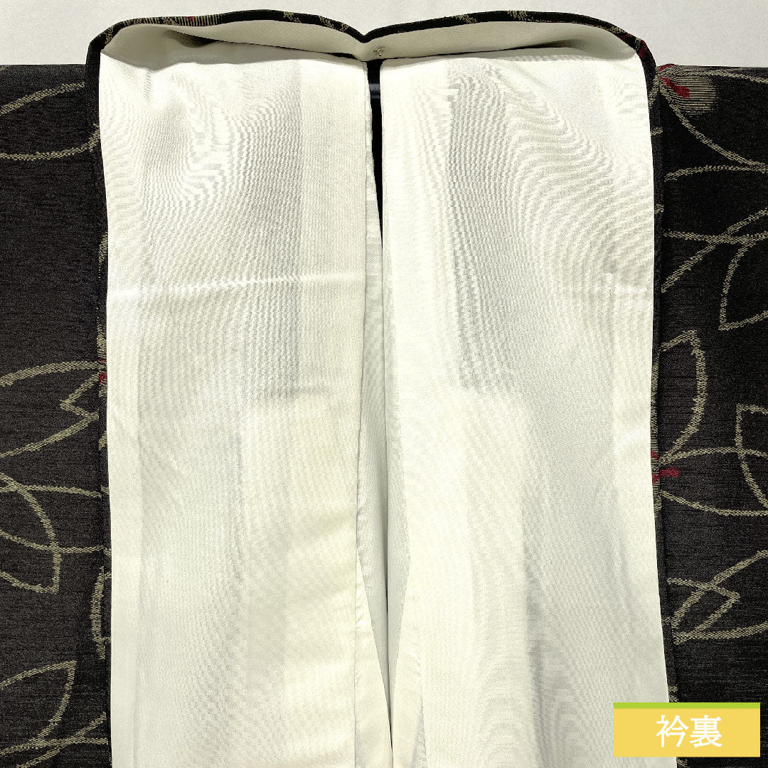 小紋 ポリエステル 身丈163.5cm 裄丈66cm 袷 黒橡色（くろつるばみいろ） 洗える着物 抽象花 しつけ糸付き 未使用品 Sランク 黒系 1115004932410