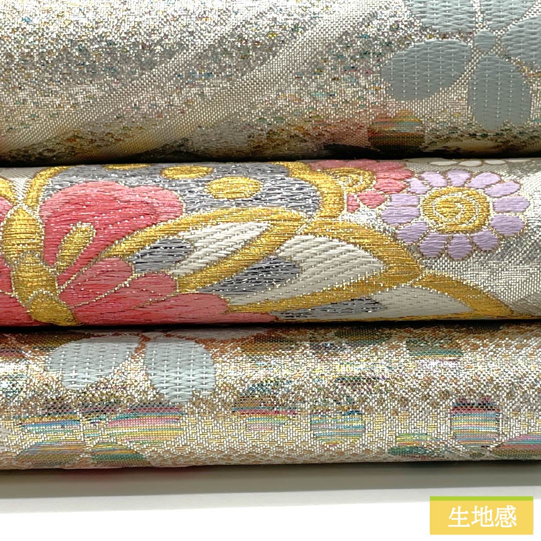 袋帯 正絹 Sランク 蝶 振袖用 桜 花模様 帯丈436cm 六通 フォーマル 銀系 1123015552322