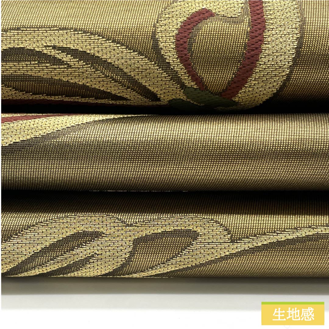 袋帯 正絹 黄橡色（きつるばみいろ） 抽象模様 帯丈432cm Aランク 六通 セミフォーマル 金系 1123012323321