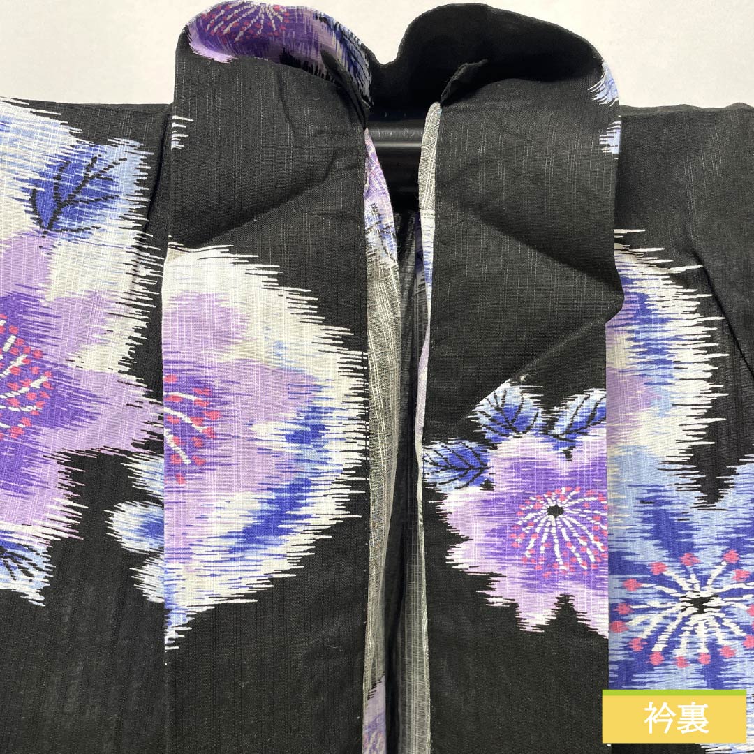Cotton Yukata, Length 164.5cm, Sleeve Length 66.5cm, S Rank, Single Layer, Black, Abstract Floral Design, 1118005942410