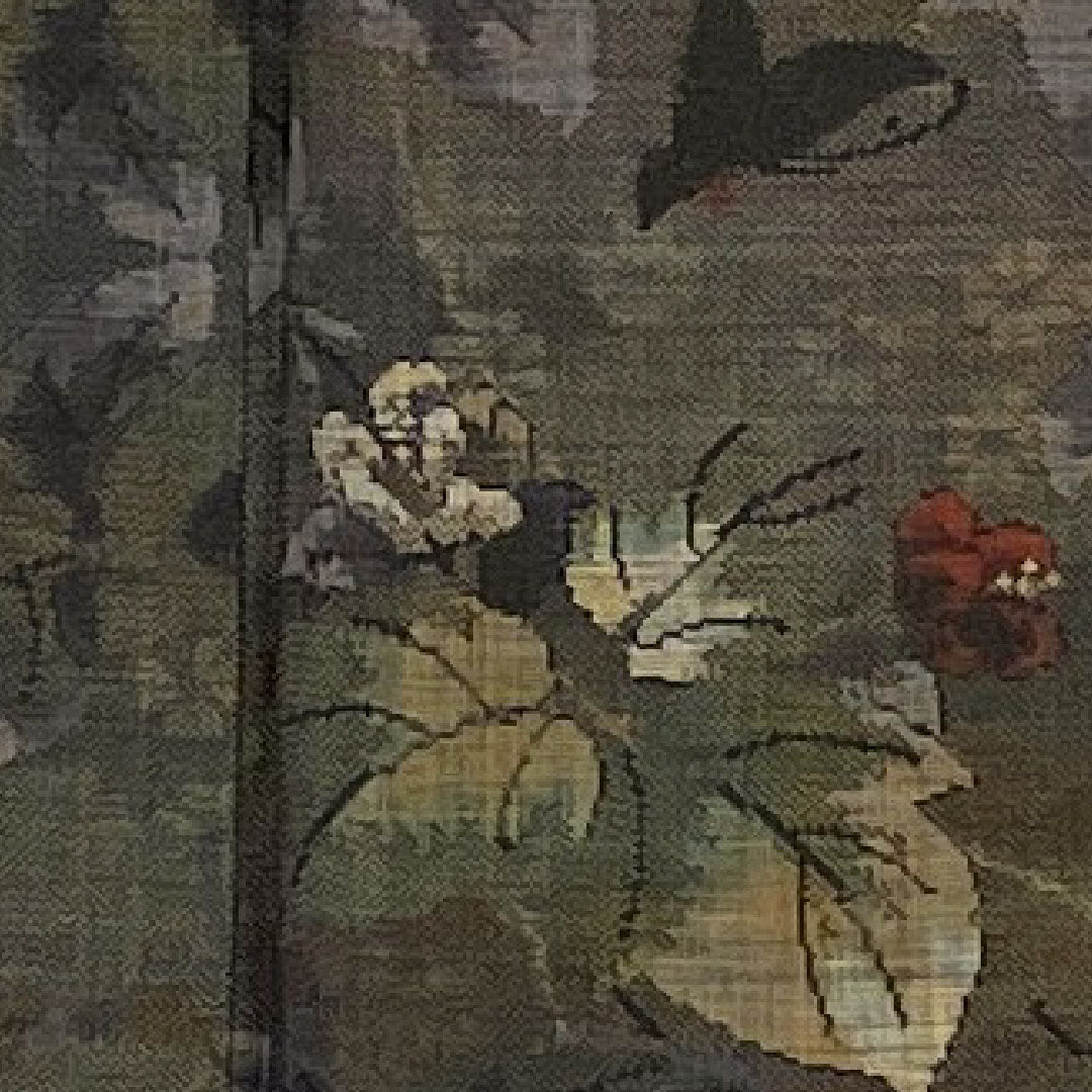 大島紬 身丈166.5cm 裄丈66cm 草花に蝶模様 9マルキ 正絹 Sランク 袷 グレー系 1116000902422