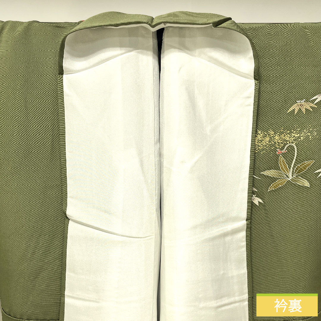 Homongi, pure silk, lined, length 164.5cm, sleeve length 65.5cm, turtle dove color, Kyoto yuzen, floral pattern, S rank, green, 1112004722419