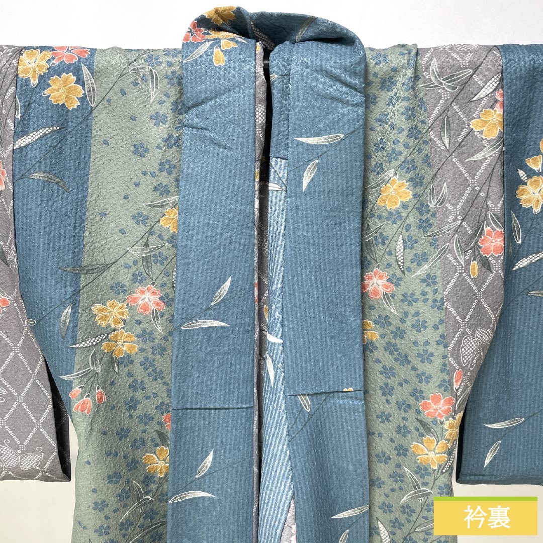 小紋 ポリエステル Sランク 身丈152cm 裄丈63.5cm 単衣 型染 草花 蝶 洗える着物 グラデーション系 1115007782299