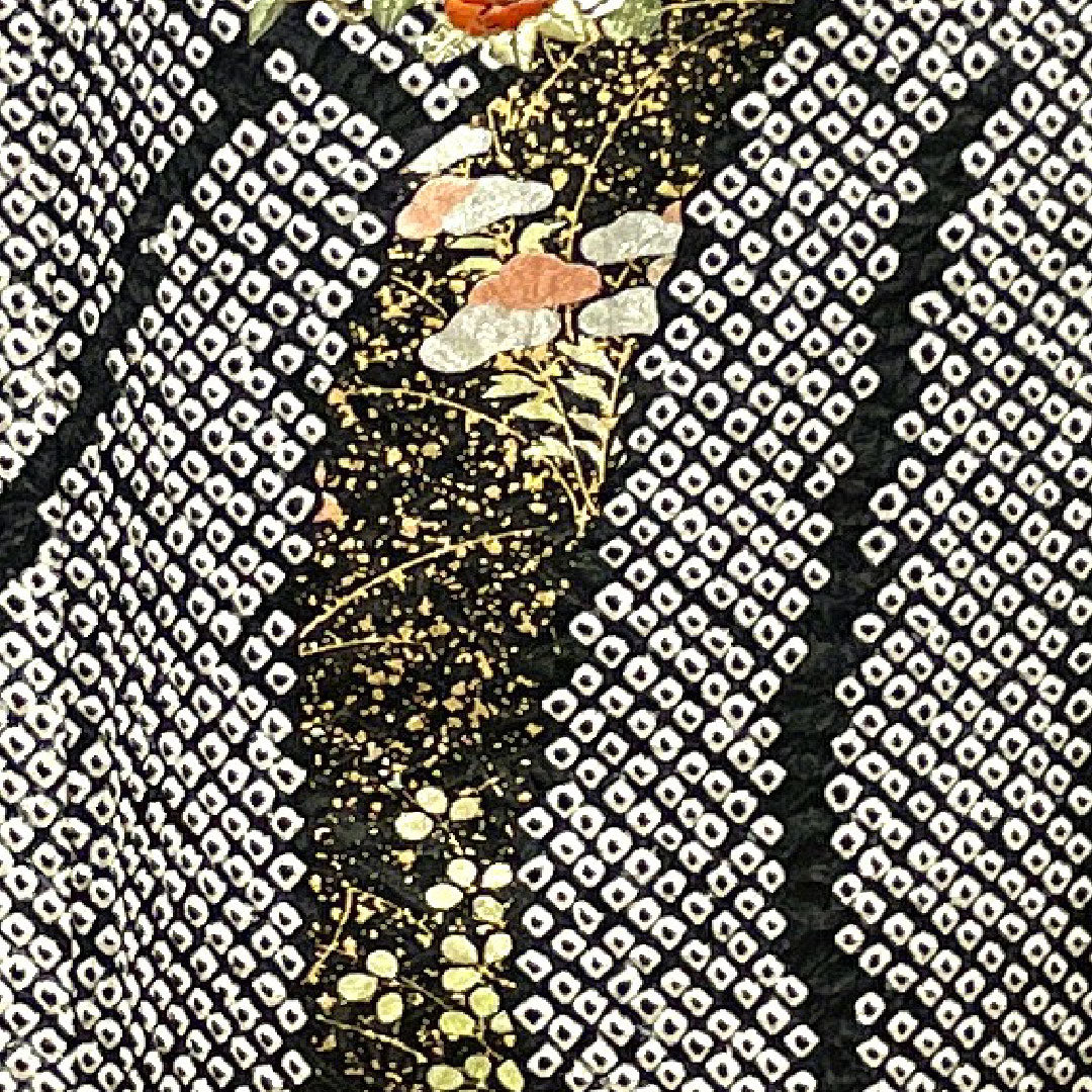訪問着 袷 身丈160cm 裄丈64cm 総絞り 刺繡 草花模様 正絹 Sランク 黒系 1112002252410
