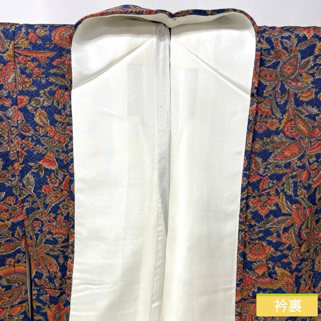 小紋 正絹 Sランク 身丈161cm 裄丈62.5cm 袷 鉄蒲萄色（てつぶどういろ） 更紗 しつけ糸付き 紺系 1115007142418