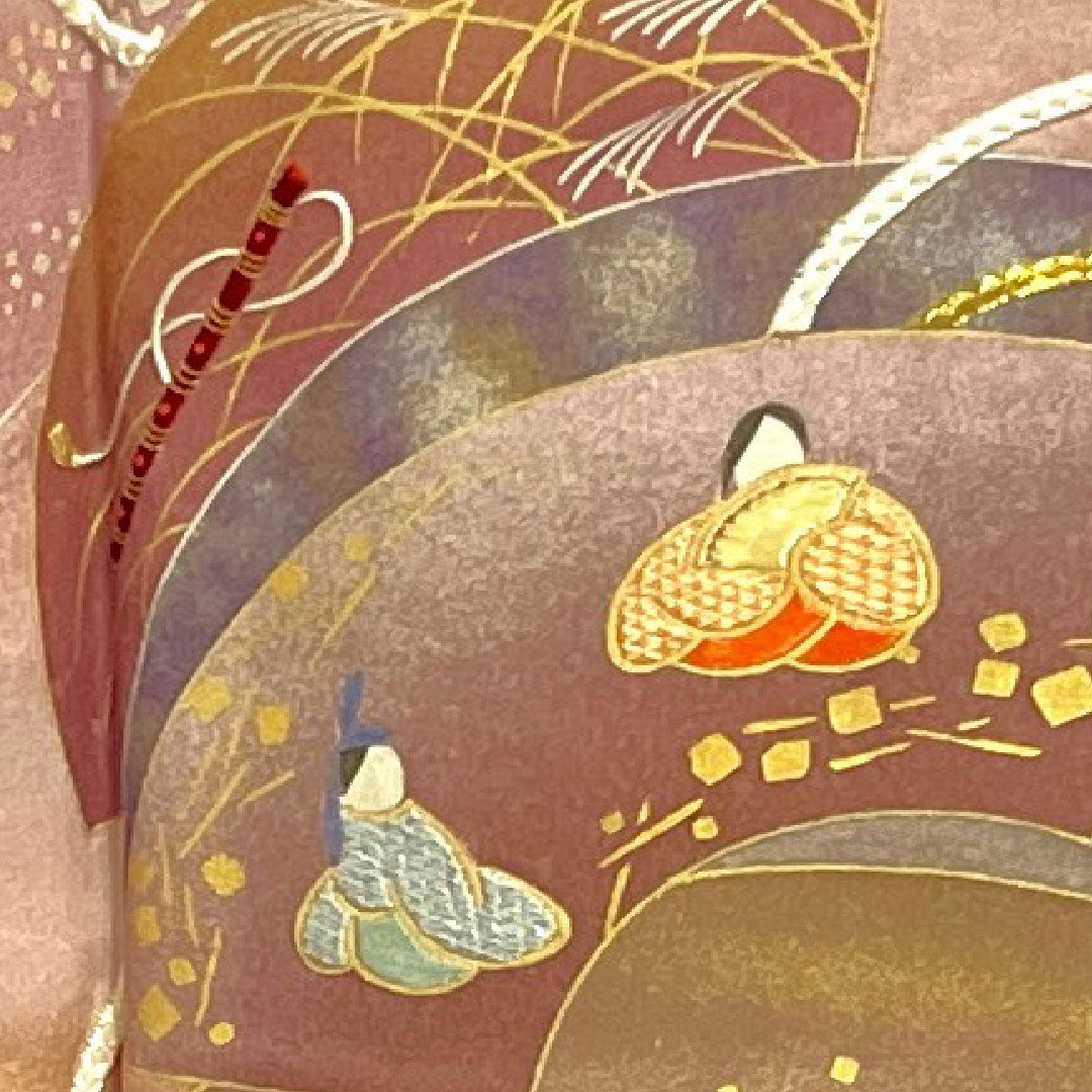 訪問着 袷 身丈157cm 裄丈64cm 退紅色 人間国宝 福田喜重 刺繍 人物模様 正絹 Sランク ピンク系 1112001892313