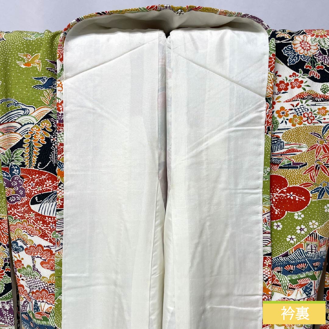 小紋 正絹 Sランク 身丈154cm 裄丈62cm 袷 鶸萌黄色（ひわもえぎいろ） 京紅型 吉祥文様 緑系 1115006832219