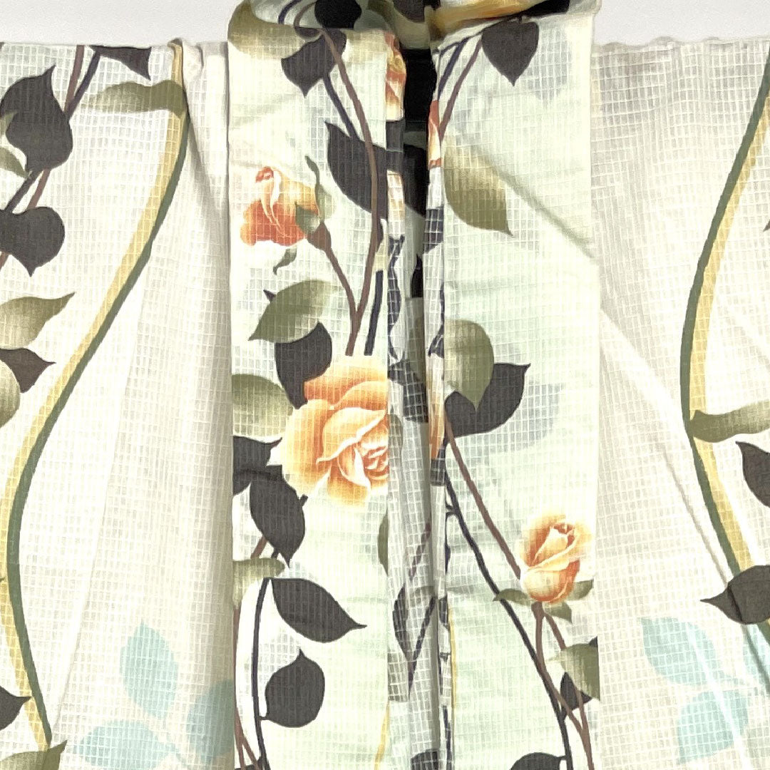 浴衣 薄緑色 乳白色 薔薇 木綿 Sランク 単衣 身丈165.5cm 裄丈67cm グラデーション系 1118000972599