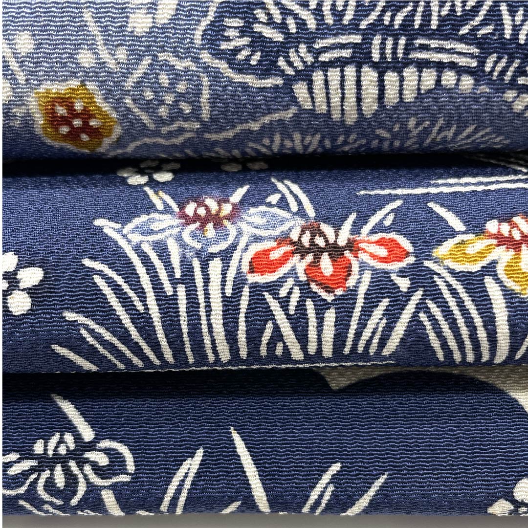 名古屋帯 韓藍色　草花模様 ちりめん地 帯丈337cm 正絹 Bランク ポイント柄 カジュアル 青系 1124004522317  名古屋仕立て