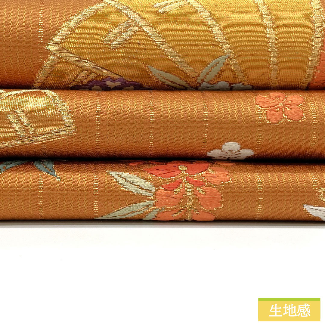 袋帯 正絹 Sランク 丹色（にいろ） 西陣織 扇面 藤 菊 帯丈416cm 六通 セミフォーマル 朱系 1123017192316