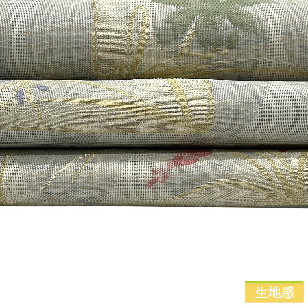 リサイクル着物】袋帯 正絹 Aランク 夏帯 色紙取り 草葉模様 帯丈442cm