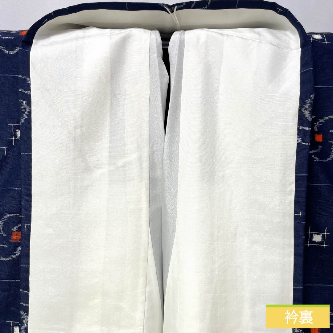 紬 正絹 身丈163.5cm 裄丈66cm 紺色（こんいろ） アンサンブル 格子 ねじり梅 Sランク 袷 紺系 1116003902418