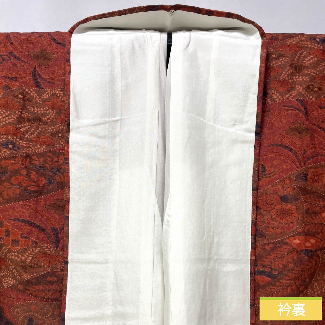 小紋 正絹 身丈161cm 裄丈67cm 袷 濃紅葉色（こいもみじいろ） 辻ヶ花 しつけ糸付き Sランク 朱系 1115005302416