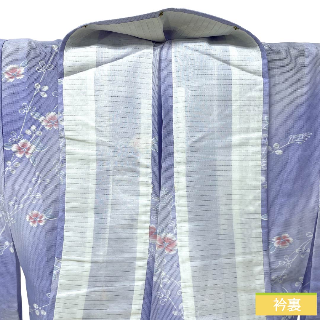 夏物 ポリエステル 小紋 Aランク 身丈159cm 裄丈63.5cm 藤色（ふじいろ） 洗える着物 草花模様 絽 紫系 1132006123320