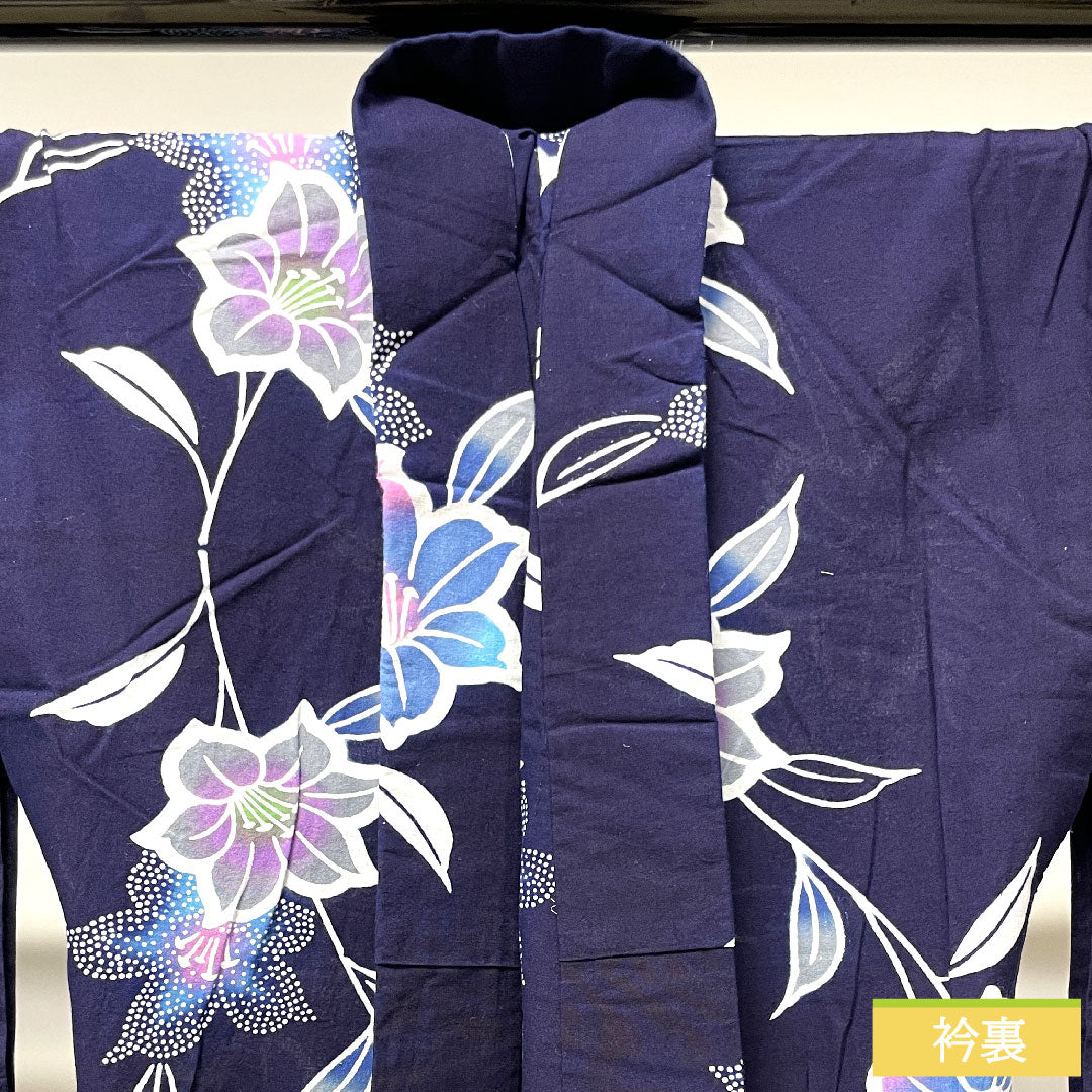 浴衣 木綿 身丈153.5cm 裄丈67.5cm Sランク 単衣 紺系 濃紺色（のうこんいろ） 山茶花 1118004802218