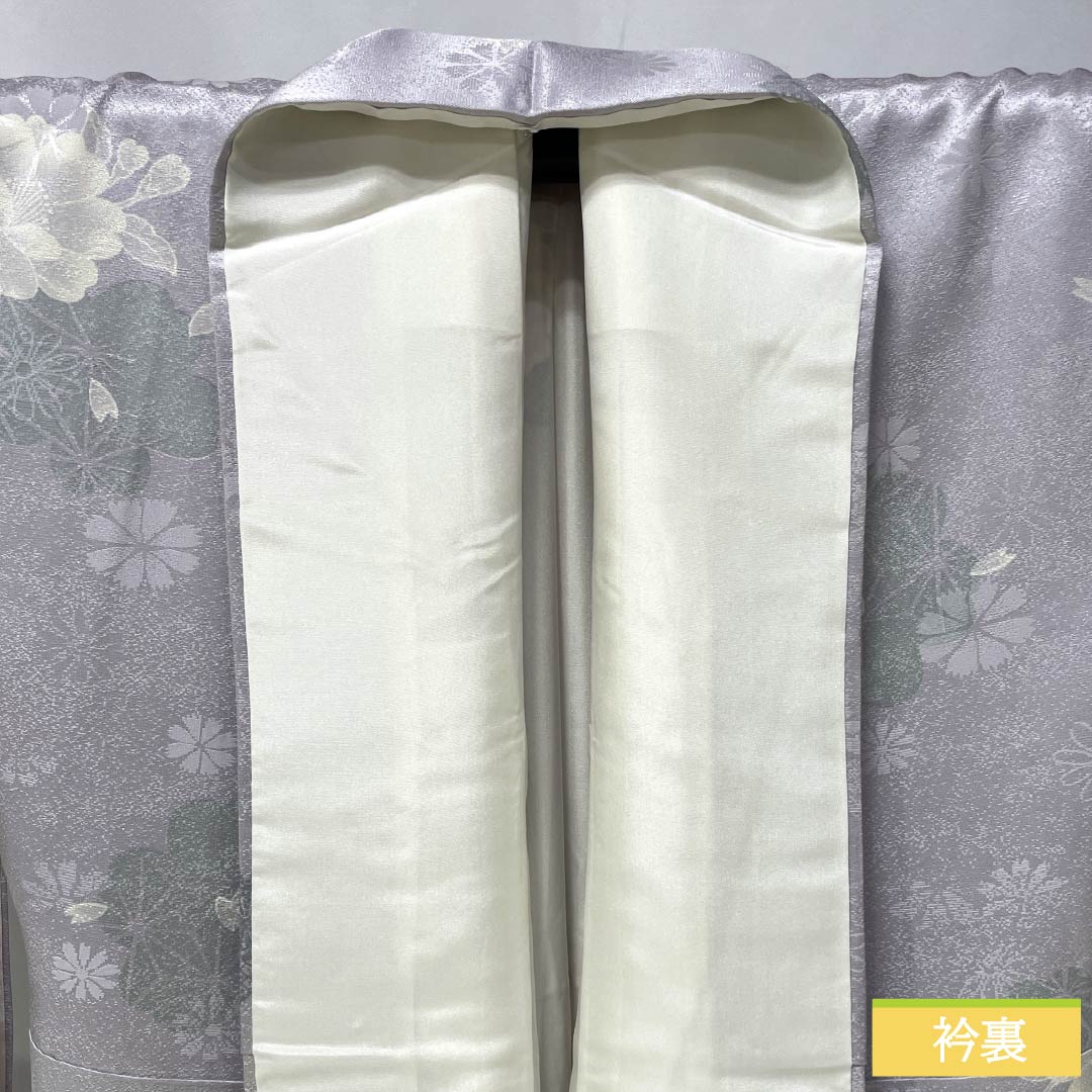 Komon (small pattern) kimono, pure silk, length 156cm, sleeve length 66cm, lined, hazy color (kasumi-iro), stencil-dyed, cherry blossom and camellia motifs, Kirara Guard, S rank, purple, 1115006192320