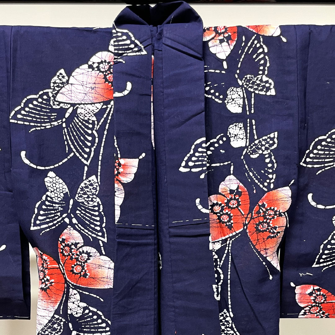 Yukata with basting thread, unused, dark navy blue, butterfly, cotton, S rank, single layer, length 160cm, sleeve length 62cm, navy blue, 1118002922418