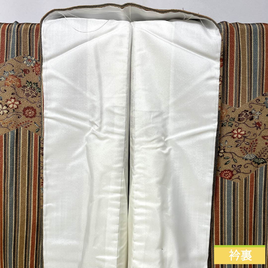 訪問着 正絹 Sランク 袷 身丈165.5cm 裄丈66.5cm 遠州茶色（えんしゅうちゃいろ） 京紅型 縞 茶屋辻 橙系 1112006892526