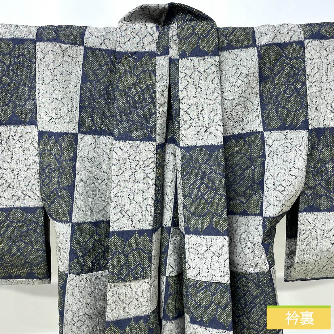 Pure silk tsumugi (pongee) kimono, S rank, length 159cm, sleeve length 63cm, gray and navy blue, checkered and abstract patterns, single layer, gray tones, product number 1116004682322