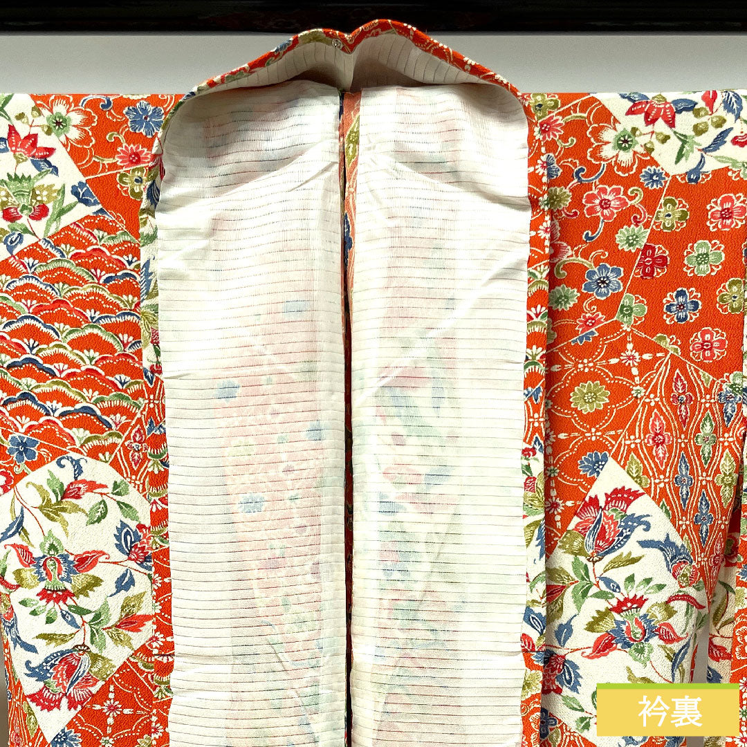小紋 正絹 身丈157.5cm 裄丈64.5cm 単衣  緋色 型染 吉祥文様  Sランク 朱系 1115003832316