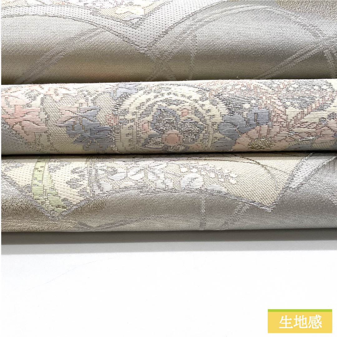 袋帯 正絹 薄鼠色（うすねずいろ） 扇面 桔梗 鼓 紅葉 帯丈428cm Aランク 六通 フォーマル グレー系 1123011823322