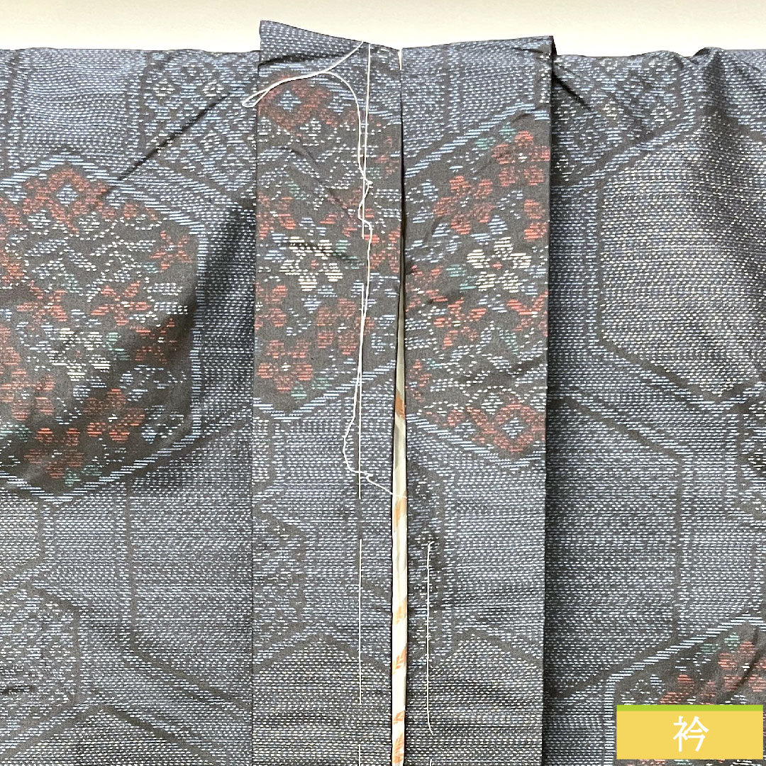 羽織 正絹 身丈87cm 裄丈65.5cm 大島紬 緯総絣 亀甲模様 しつけ糸付き Sランク 袷 紺系 1117001182918