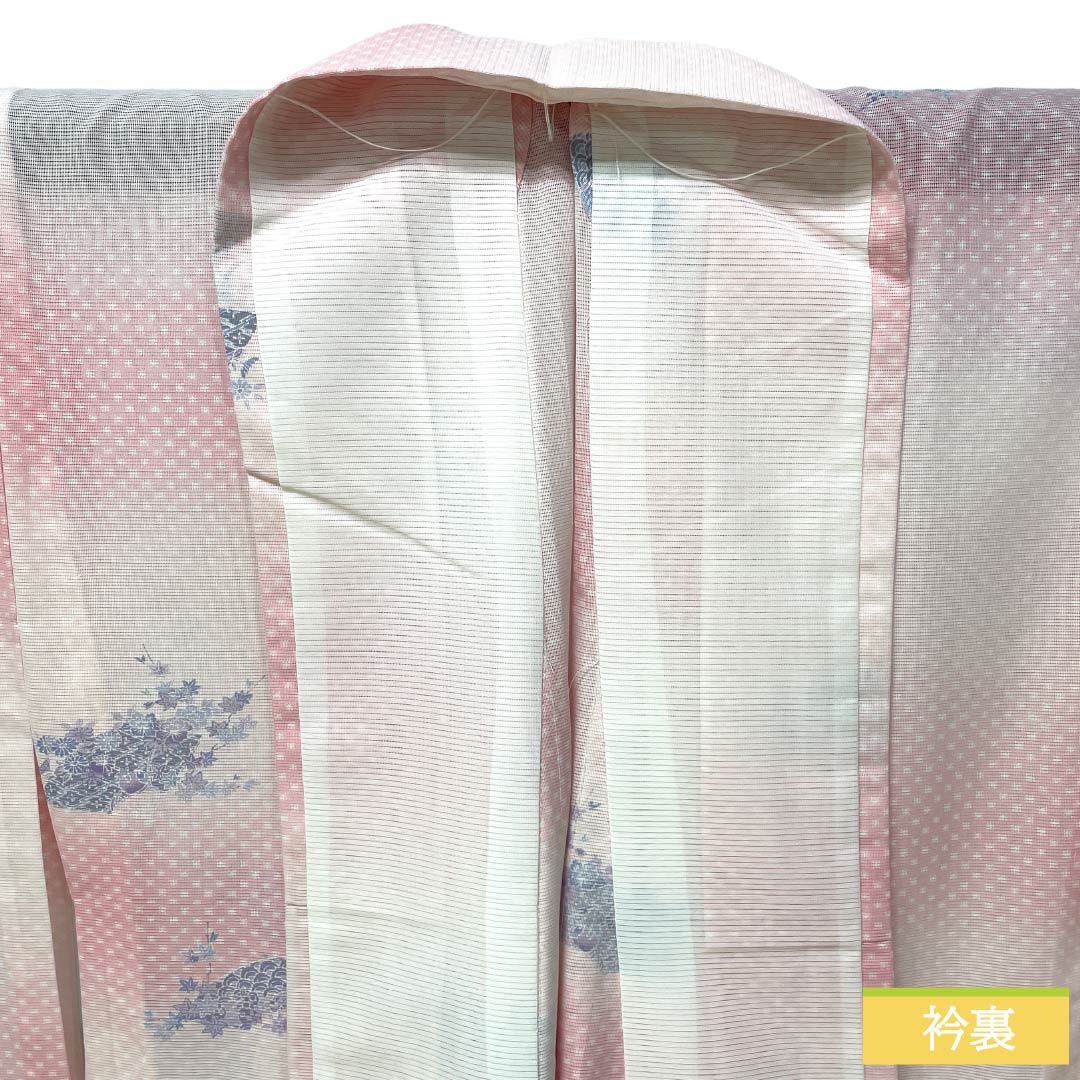 夏物 ポリエステル 小紋 Sランク 身丈162.5cm 裄丈64.5cm 浅紅色（あさべにいろ） 市松 古典模様 洗える着物 絽 ピンク系 1132003272413