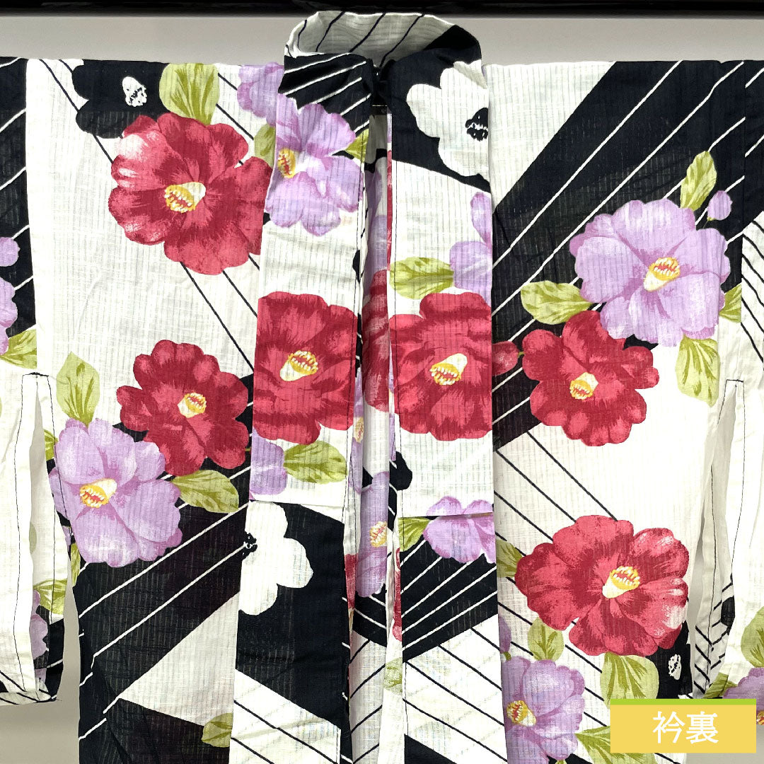 浴衣 木綿 身丈163.5cm 裄丈64cm Sランク 単衣 モノトーン 椿 1118005092427