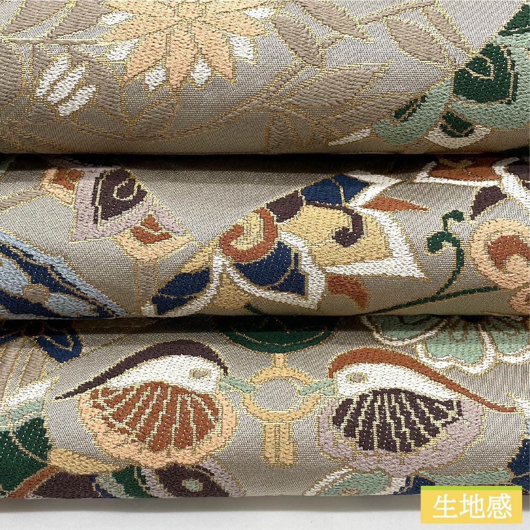 袋帯 遠州鼠色（えんしゅうねずいろ） 白綾苑大庭 唐花模様 鴛鴦模様 振袖用 帯丈433cm 正絹 Sランク 六通 フォーマル ベージュ系 1123009602325