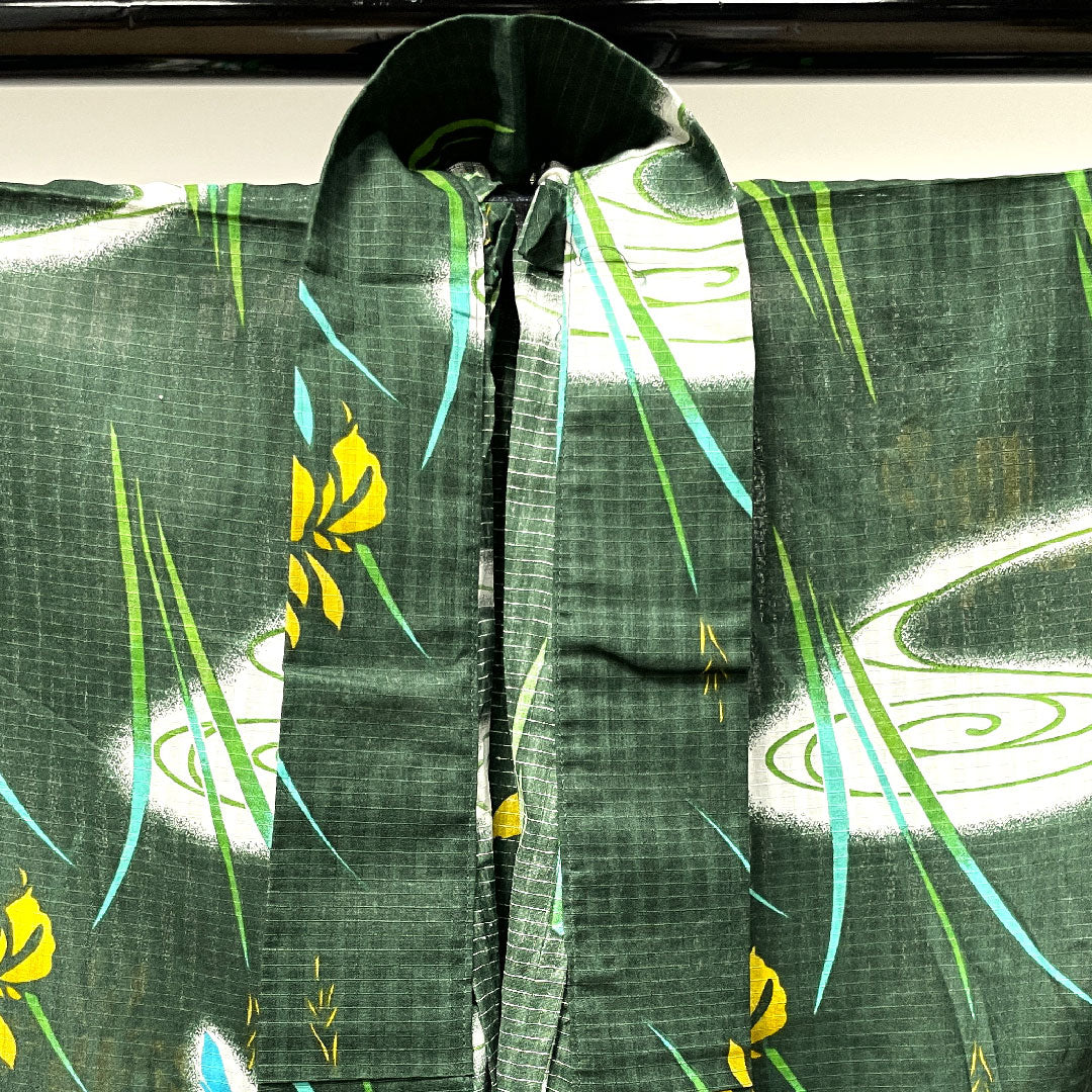 浴衣 黒緑色 菖蒲 トンボ 木綿 Sランク 単衣 身丈165.5cm 裄丈67.5cm 緑系 1118003832519