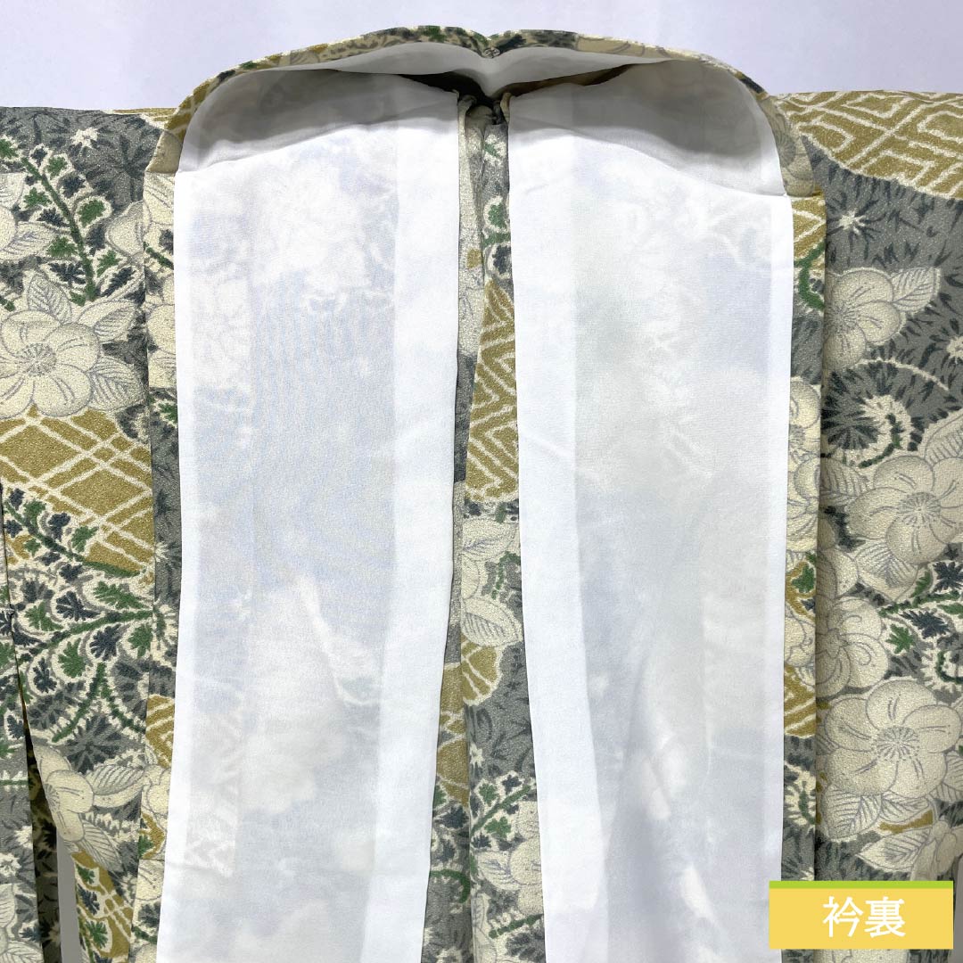 小紋 ポリエステル Sランク 身丈164cm 裄丈67cm 単衣 利休鼠色（りきゅうねずみいろ） 型染 雲取り 花びら 洗える着物 グレー系 1115008022422
