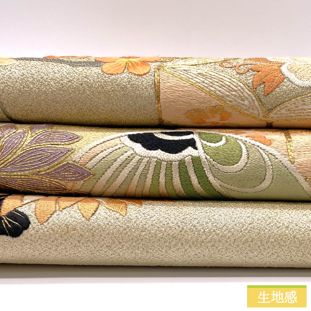 （丸帯）袋帯 正絹 鳥の子色（とりのこいろ） 丸帯 アンティーク 刺繍 帯丈410cm Aランク ポイント柄 フォーマル ベージュ系 1123013863325