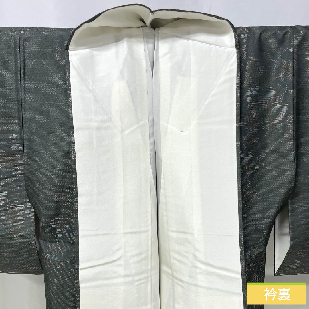 紬 正絹 Sランク 身丈152.5cm 裄丈62cm 黒橡色（くろつるばみいろ） 大島紬 横双絣 笹 袷 緑系 1116004142219