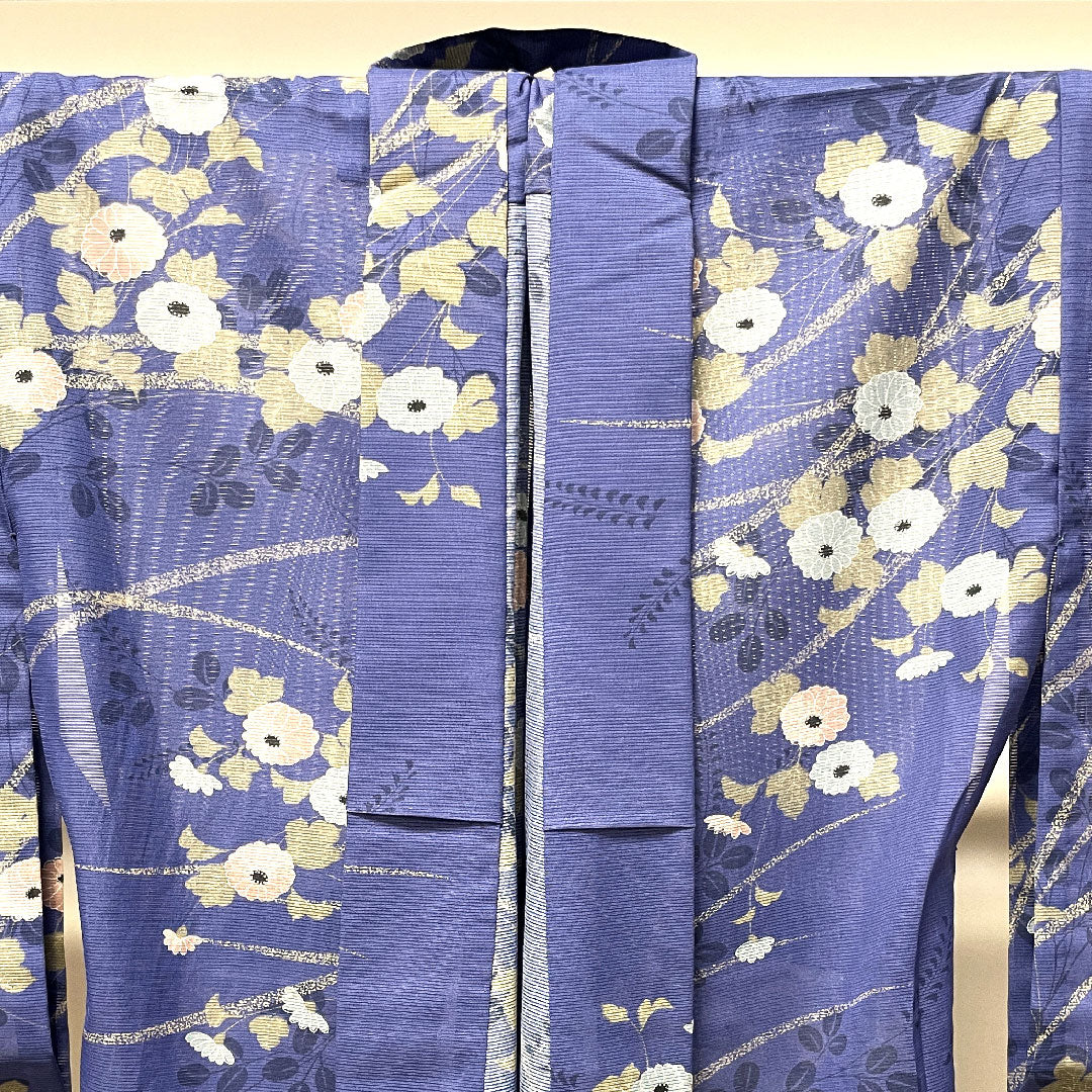 夏物 ポリエステル 小紋 身丈164cm 裄丈64cm 紺藤色（こんふじいろ） 菊 萩 洗える着物 絽 Sランク 青系 1132001742417