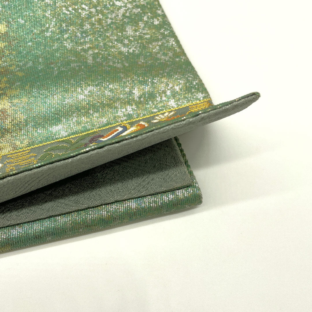 袋帯 引箔 抽象模様 帯丈442cm 正絹 Aランク 六通 セミフォーマル 緑系 1123004663319