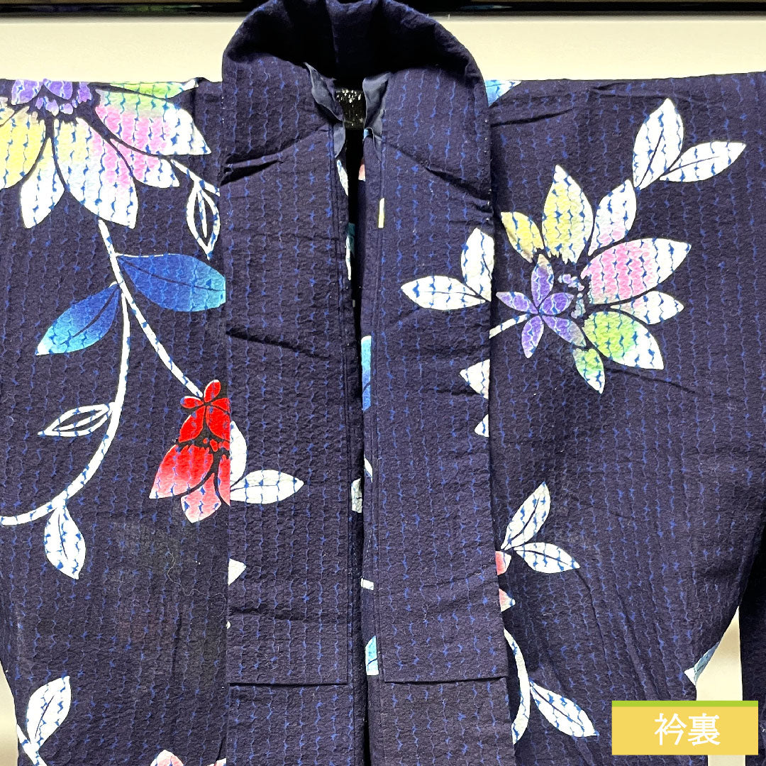 Yukata Cotton Length 158cm Sleeve length 61.5cm S rank Single layer Navy Deep navy Abstract flower 1118004862318