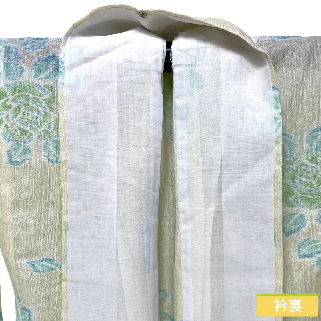 夏物 ポリエステル 紬 Aランク 身丈152.5cm 裄丈62cm 牙黄色（げおういろ） 薔薇 縮風 紗 黄系 1132006333223
