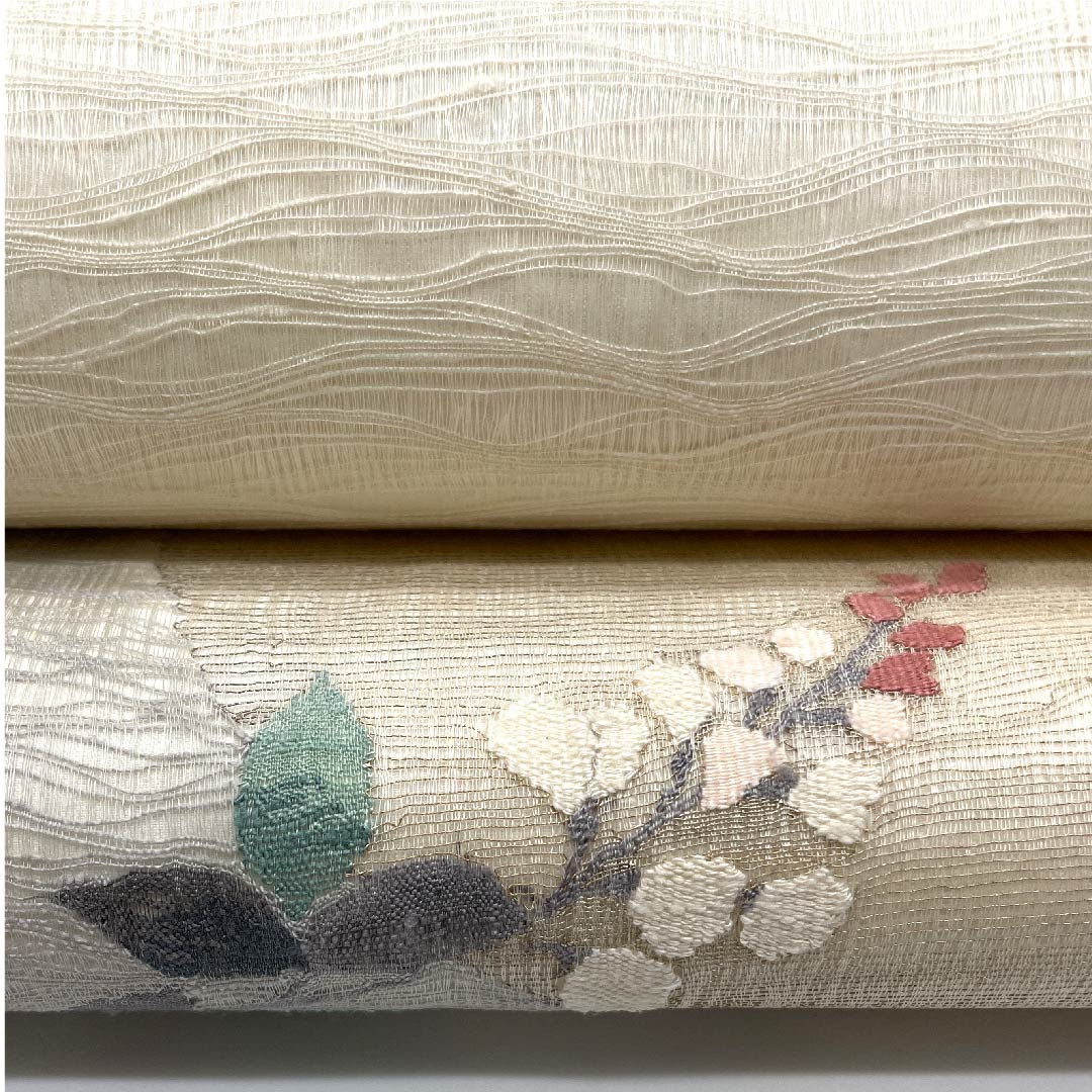 袋帯 生成り色（きなりいろ） 夏帯 草花模様 夏物 帯丈442cm 正絹 Aランク ポイント柄 カジュアル クリーム系 1123007753315
