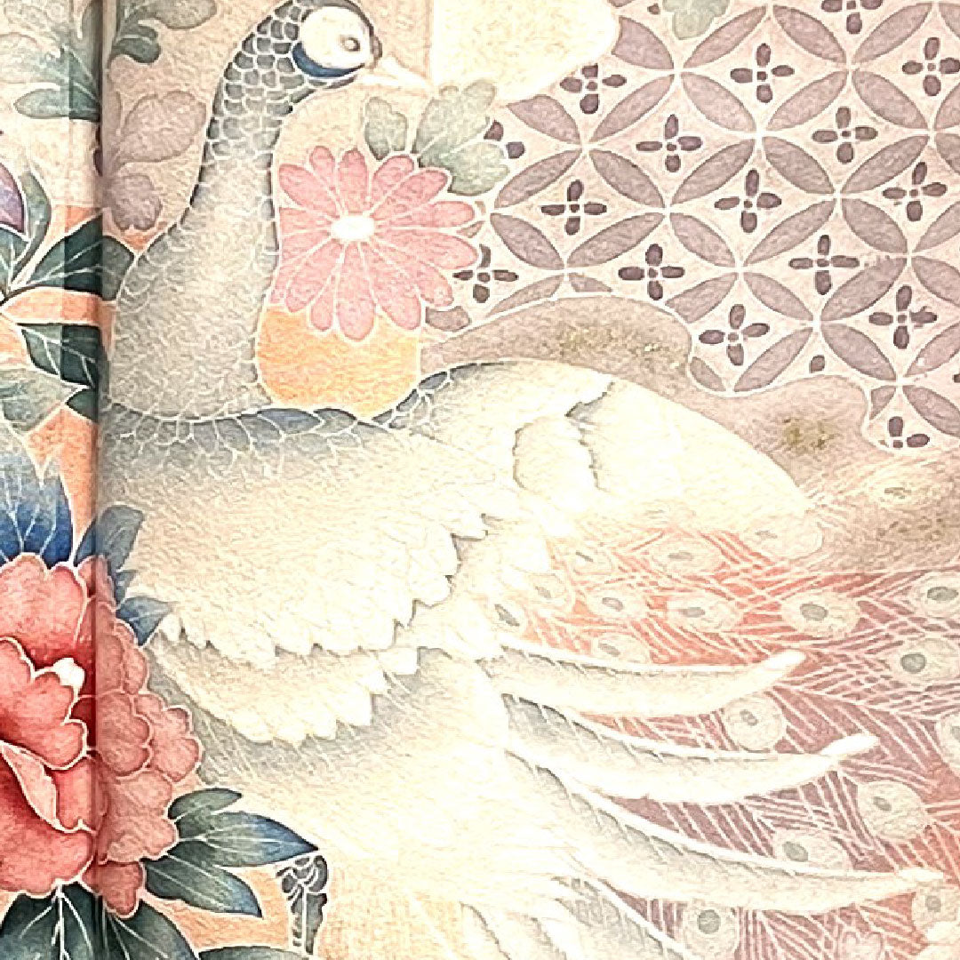 訪問着 袷 身丈158.5cm 裄丈65cm 蘇芳色 孔雀 草花模様 正絹 Aランク 赤系 1112001663312