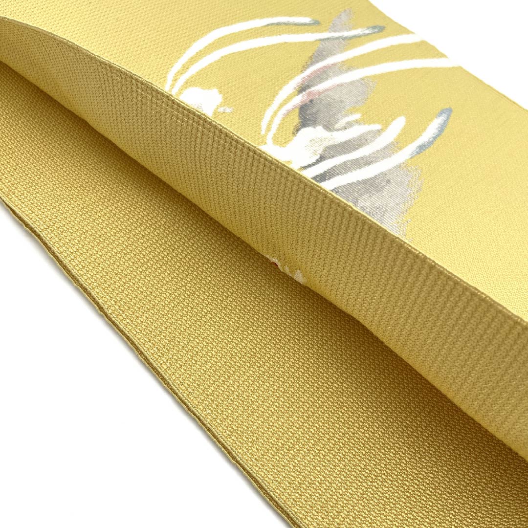 Nagoya obi, yellow karakami color, Tsuzure weave, Tsuzure weave with nail-scratched pattern, Rabbit, obi length 388cm, pure silk, S rank, point pattern, casual, yellow, 1124007672423, open style