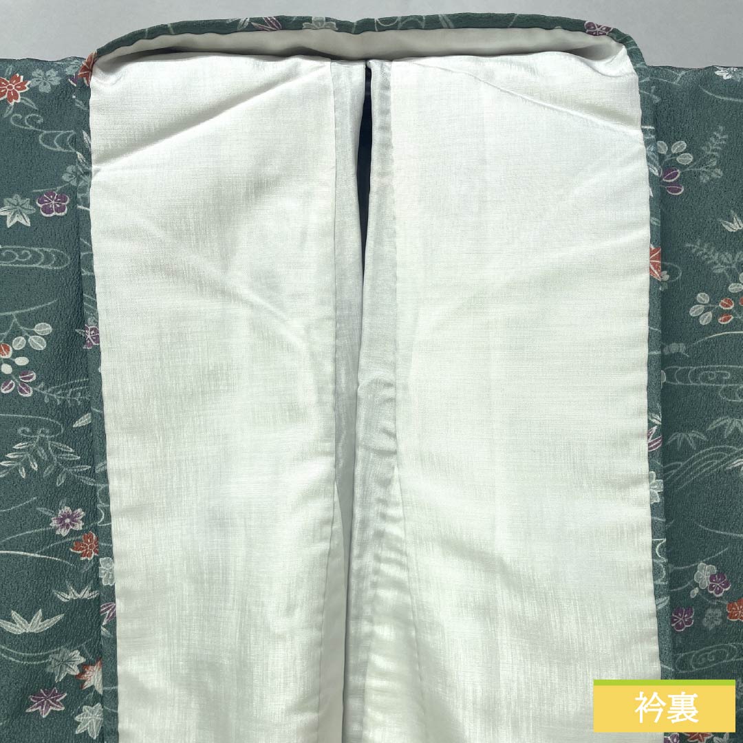 小紋 ポリエステル 身丈158.5cm 裄丈63cm 袷 山藍摺色（やまあいずりいろ） 洗える着物 草木模様 Aランク 緑系 1115005143319