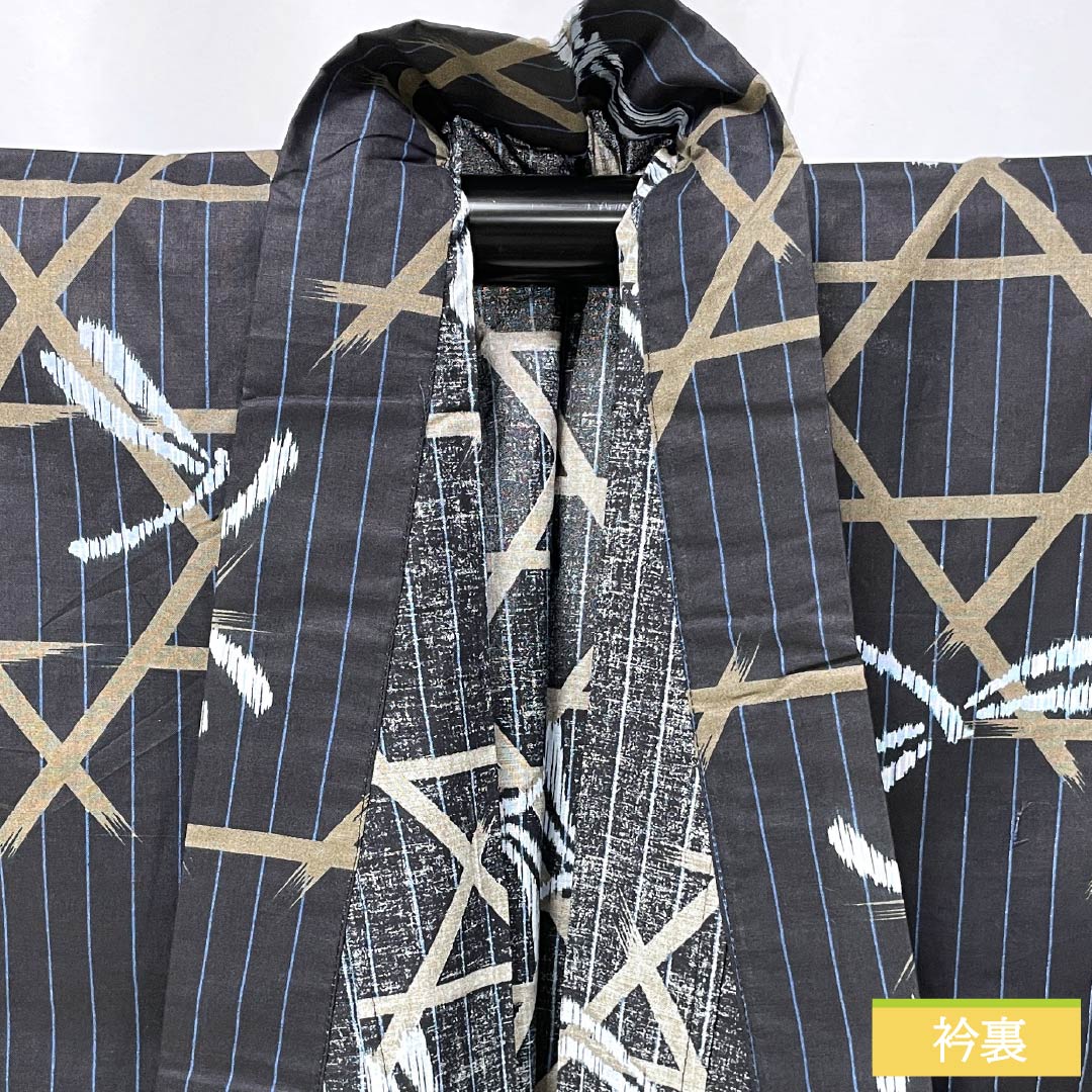 Men's Cotton Yukata, Length 141.5cm, Sleeve Length 61cm, Betel Nut Black (Binrou Jiguroiro) Design, Dragonfly Basketweave Pattern, S Rank, Single Layer, Navy Blue, 1138000042418