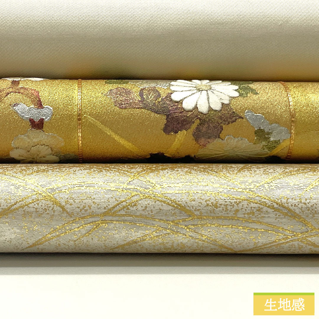 袋帯 正絹 Aランク 引箔 西陣織 部分刺繍 衝立 草花模様 帯丈426cm ポイント柄 フォーマル 銀系 1123016473322